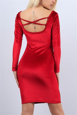 Pul İşlemeli Kırmızı Bayan Elbise 11041B