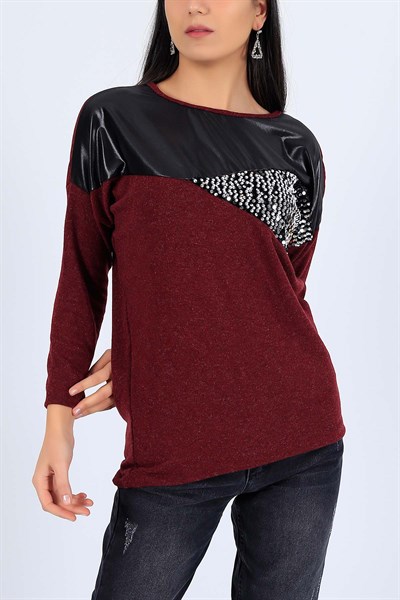 Pul İşlemeli Likralı Mürdüm Bluz 25885B