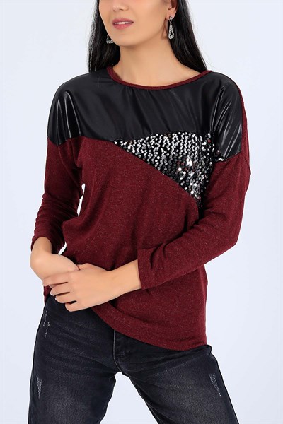 Pul İşlemeli Likralı Mürdüm Bluz 25885B