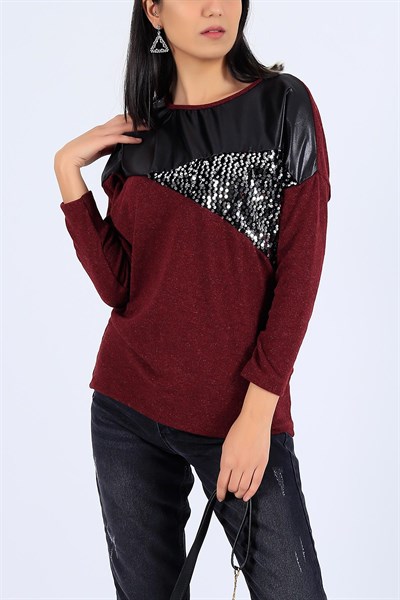 Pul İşlemeli Likralı Mürdüm Bluz 25885B