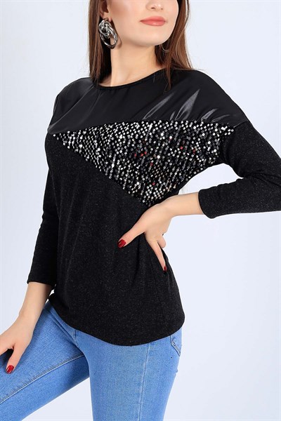 Pul İşlemeli Likralı Siyah Bluz 25883B