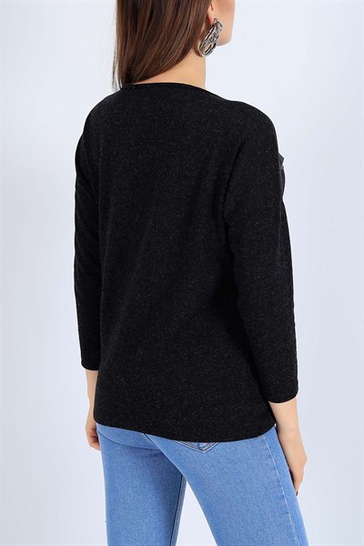 Pul İşlemeli Likralı Siyah Bluz 25883B