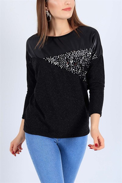 Pul İşlemeli Likralı Siyah Bluz 25883B