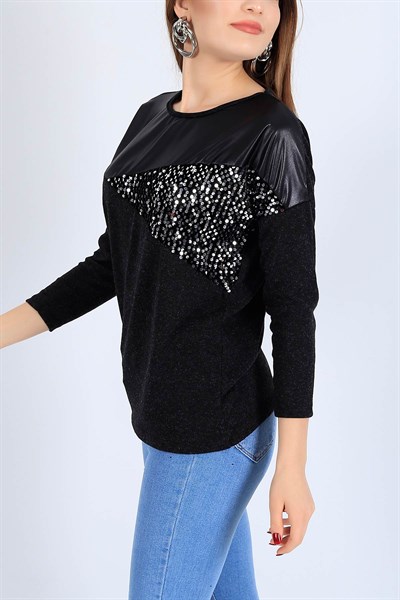 Pul İşlemeli Likralı Siyah Bluz 25883B