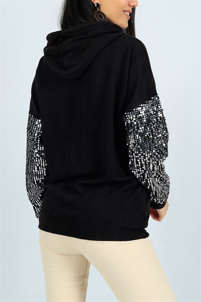 Pul İşlemeli Siyah Bayan Sweat 24566B