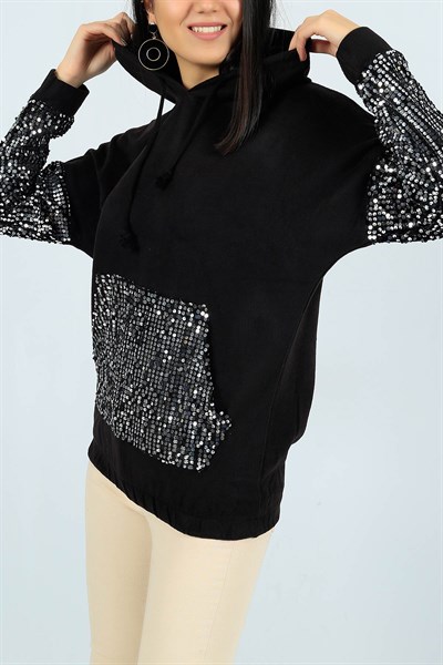 Pul İşlemeli Siyah Bayan Sweat 24566B