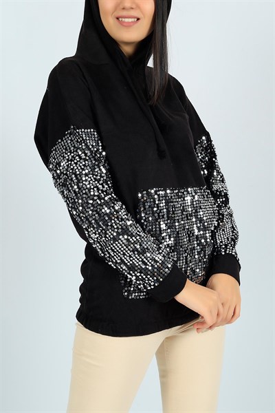 Pul İşlemeli Siyah Bayan Sweat 24566B