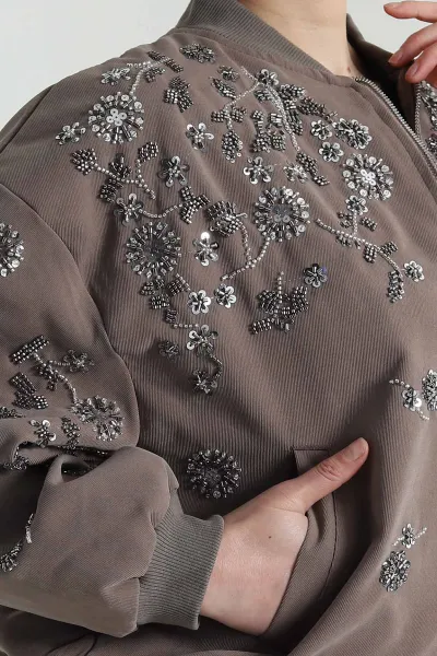 Pul Nakış Detay Işık Kadife Kadın Bomber 499196