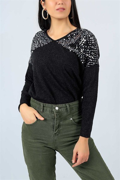 Pul Payet Detay Siyah Triko Kazak 22649B