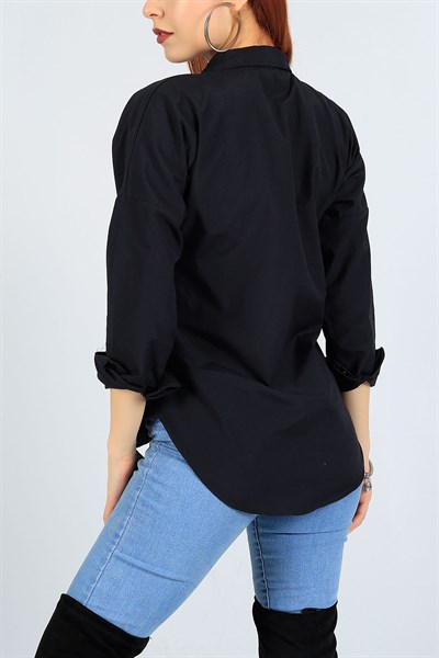 Pul Payet Tasarımlı Siyah Bayan Gömlek 23406B