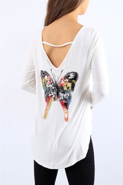 Pullu Kelebek İşlemeli Beyaz Bluz 20116B