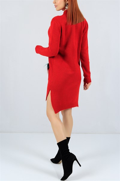 Pullu Peluş Cepli Kırmızı Triko Elbise 22998B