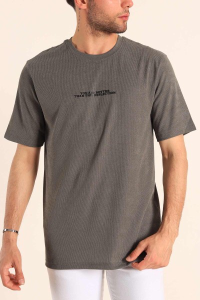 Relaxed Fit Dokulu Slogan Baskılı Erkek Tişört 186771