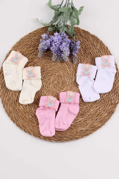 Renkli (0-6 Ay) Aksesuarlı Üçlü Kız Bebe Çorap 245504