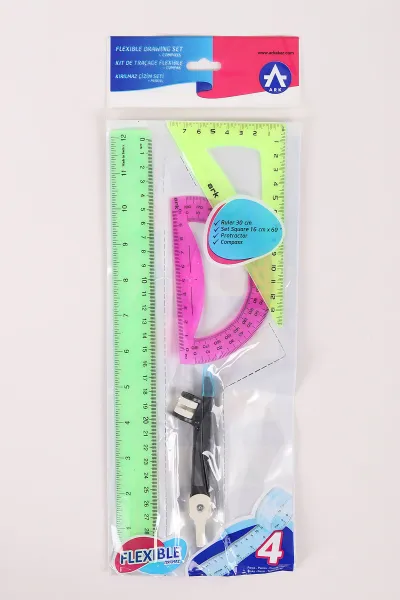 Renkli Ark Pergelli Plastik Esnek Kırılmaz Cetvel Takımı 4 Parça 457043