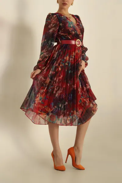 Renkli Astarlı Kemerli Şifon Elbise 261489
