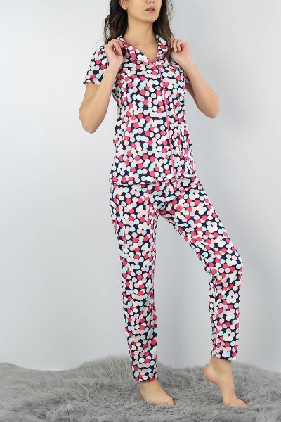 Renkli Düğmeli Baskılı Bayan Pijama Takımı 54956