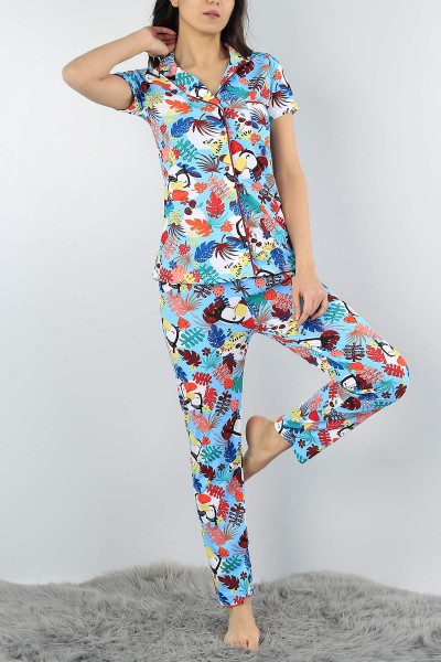 Renkli Düğmeli Bayan  Baskılı Pijama Takımı 54963