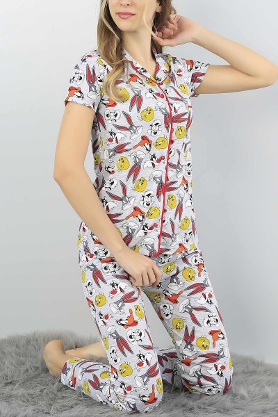 Renkli Düğmeli Bayan  Baskılı Pijama Takımı 54979