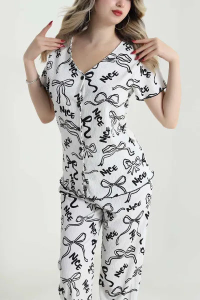 Renkli Düğmeli Bürümcük Kadın Pijama Takımı 479563
