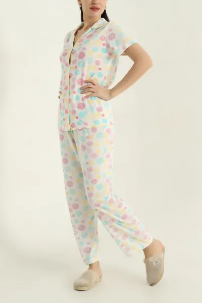 Renkli Düğmeli Viskon Kadın Pijama Takımı 347359