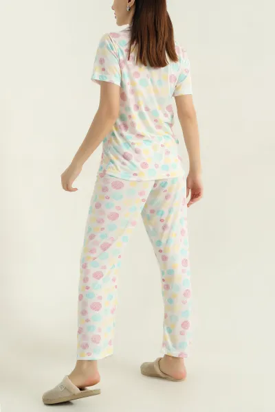 Renkli Düğmeli Viskon Kadın Pijama Takımı 347359