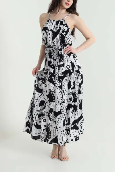 Renkli Kuşaklı Dokuma Viskon Kolsuz Kadın Elbise 449868