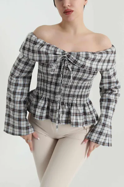 Renkli Madonna Yaka Gipeli Caprina Check Kadın Ekose Bluz 451225