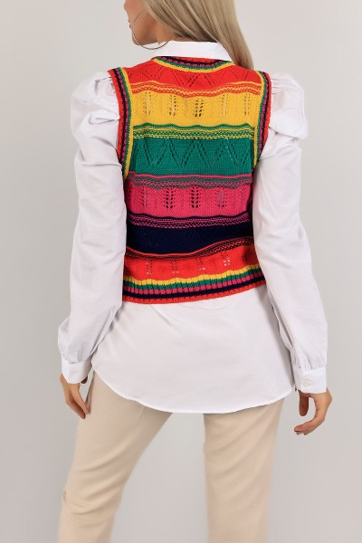 Renkli Triko Süveter Beyaz Gömlek Bayan İkili Takım 133573