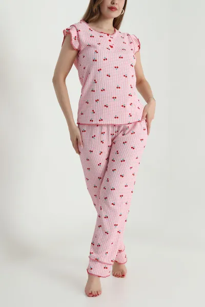 Renkli Yaka Düğmeli Bürümcük Kadın Pijama Takımı 479570