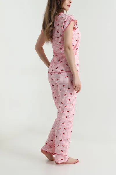 Renkli Yaka Düğmeli Bürümcük Kadın Pijama Takımı 479570