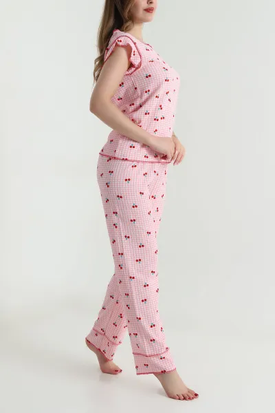 Renkli Yaka Düğmeli Bürümcük Kadın Pijama Takımı 479570