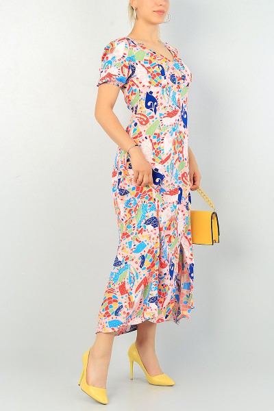 Renkli Yırtmaçlı Dokuma Elbise 69107