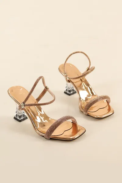 Rose Gold Aynalı Taş Bantlı Şeffaf Topuklu Kadın Sandalet 327159