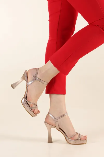 Rose Gold Simli Taş Bantlı Bilek Kemerli Platform Topuklu Ayakkabı 264986