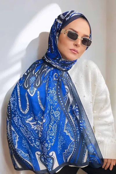 Saks Mavi 180x70 Etnik Desen Dijital Baskılı Pamuk Şal 323058