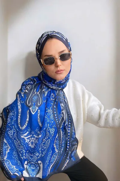 Saks Mavi 180x70 Etnik Desen Dijital Baskılı Pamuk Şal 323058