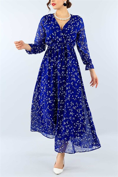 Saks Mavi Desenli Kemerli Şifon Elbise 38737