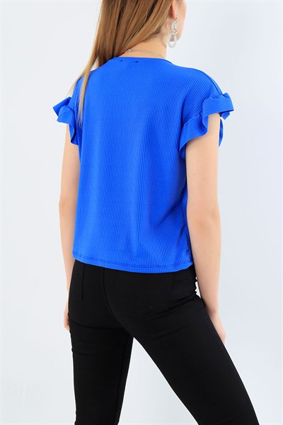 Saks Mavi Kolu Fırfırlı Kaşkorse Bluz 30091B