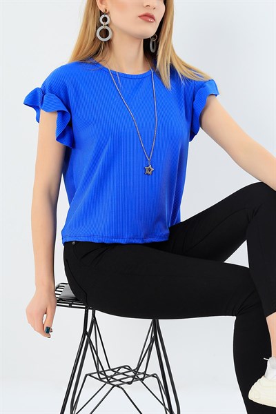 Saks Mavi Kolu Fırfırlı Kaşkorse Bluz 30091B