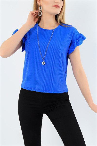Saks Mavi Kolu Fırfırlı Kaşkorse Bluz 30091B
