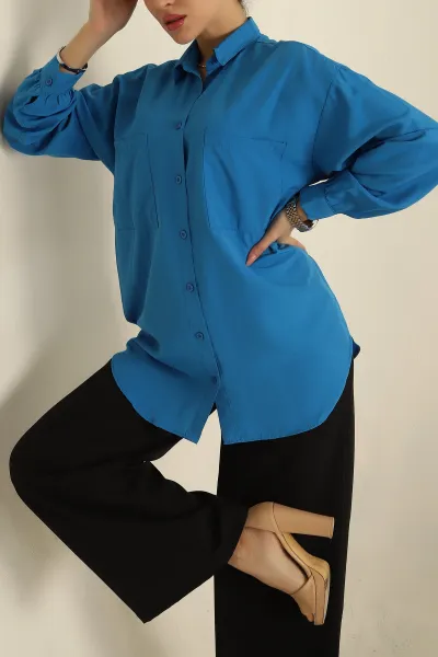 Saks Mavi Terikoton Cepli Bayan Gömlek 281579