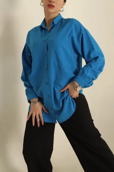 saks-mavi-terikoton-cepli-bayan-gomlek-281579