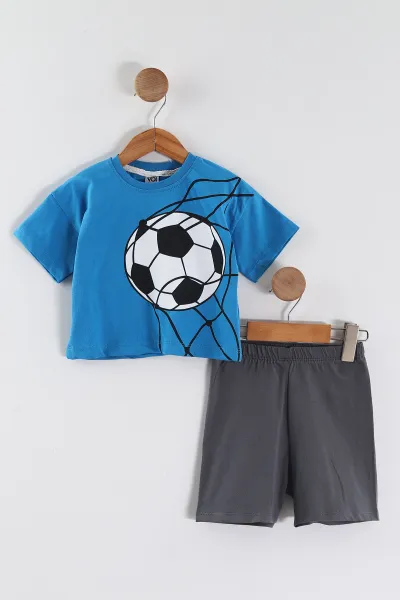 Saks Mavisi (0-4 Yaş) Futbol Topu Baskılı Tişörtlü Şortlu Süprem Erkek Çocuk Yazlık Takım 457383