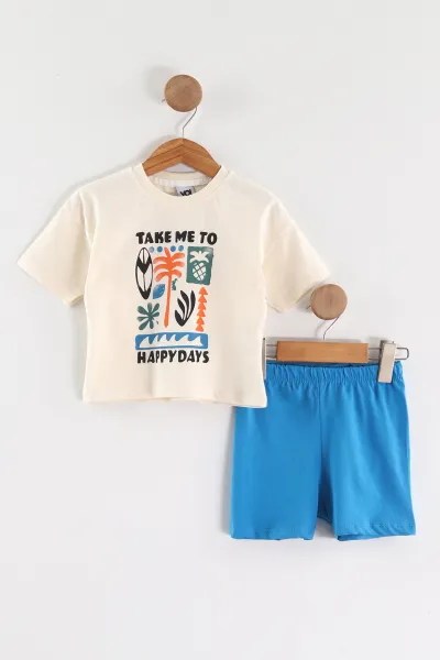 Saks Mavisi (0-4 Yaş) Take Me To Baskılı Tişörtlü  Şortlu Süprem Erkek Çocuk Yazlık Takım 461270