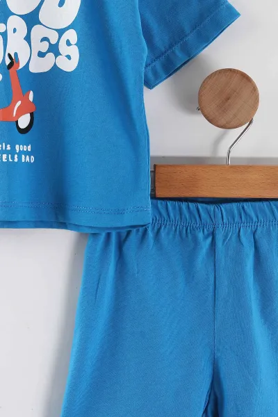Saks Mavisi (0-4 Yaş)Good Vibes Baskılı Tişörtlü  Şortlu  Erkek Çocuk Yazlık Takım 461726