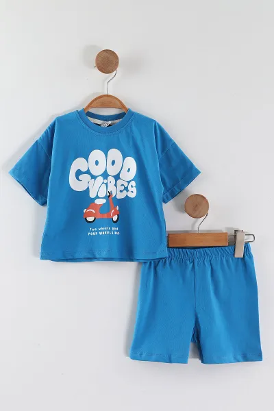 Saks Mavisi (0-4 Yaş)Good Vibes Baskılı Tişörtlü  Şortlu  Erkek Çocuk Yazlık Takım 461726
