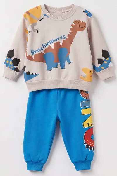 Saks Mavisi (1-4 Yaş) Dino  Baskılı  3 İp Şardonlu Erkek Çocuk&Bebek Kışlık Takım 489563