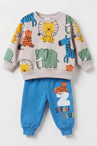Saks Mavisi (1-4 Yaş)Aslan,Fil ve Zebra  Baskılı  3 İp Şardonlu Erkek Çocuk&Bebek Kışlık Takım 489512