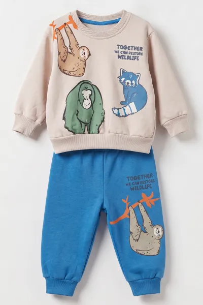 Saks Mavisi (1-4 Yaş)Maymun ve Tilki Baskılı  3 İp Şardonlu Erkek Çocuk&Bebek Kışlık Takım 489448